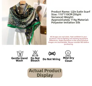 Detail of 110cm floral satin scarf showing dimensions, material and washing instructions