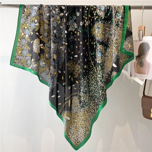 Vintage floral 110cm square silk scarf in black and green with retro flower patterns