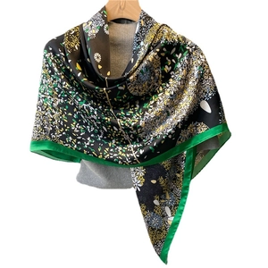 Vintage floral silk satin scarf 110cm shawl with green borders and colorful print