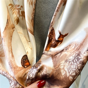 Retro forest deer print satin square scarf in beige and brown silk fabric for women