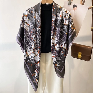 Macro detail of Chinese floral silk scarf with traditional architecture print and smooth texture