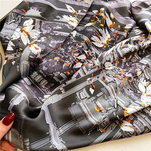 Detail of silk scarf with Forbidden City map print and delicate floral pattern