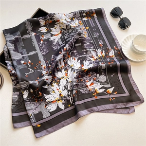 Floral print satin silk square scarf with architectural patterns and elegant aesthetics