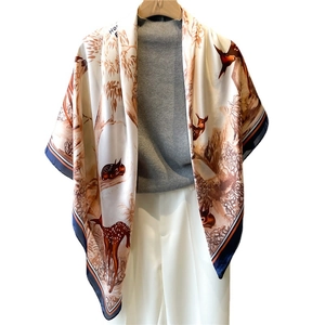 Retro forest deer printed satin square scarf 110cm with floral and nature patterns
