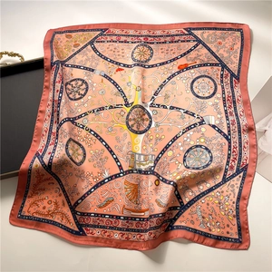 Artistic square silk scarf featuring tree of life and floral prints in coral pink and blue