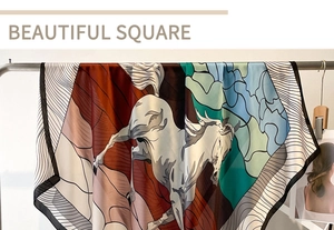 Detail view of large silk satin square scarf with abstract horse print in artistic colors