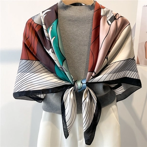 Elegant large 110cm satin silk scarf featuring abstract color-block geometric patterns