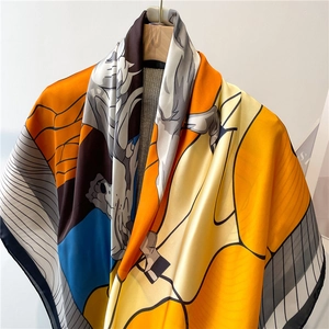 Detail of vibrant 110cm satin scarf with galloping horse and geometric print