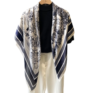 Classic navy blue and white silk scarf with French Jouy botanical landscape pattern