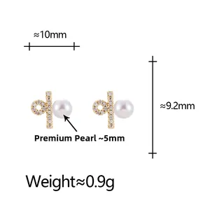 Detailed view of pearl stud earrings with zircon inlay and exact size measurements