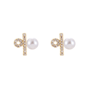 Elegant gold pearl stud earrings featuring geometric diamond-encrusted percentage symbols