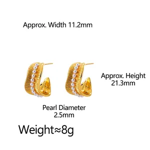 Elegant C-shaped textured gold-plated earrings with premium pearls in a vintage style