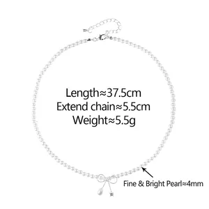 Elegant pearl necklace with bow pendant and drop pearl, 37.5cm length with 5.5cm extension