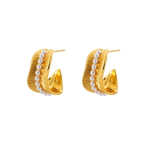 Elegant French vintage gold C-shape hoop earrings with textured finish and pearls