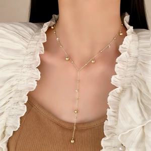 Collana Lariat In Rame A Forma Di Y Con Perle Di Metallo E Cristalli Trasparenti Catena Lunga Regolabile Stile Francese Elegante