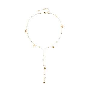 Elegante collana a Y dorata con cristalli sfaccettati e sfere in oro su sfondo bianco