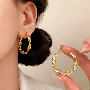Classic French style 18K gold plated hoop earrings with luxury twisted rope texture