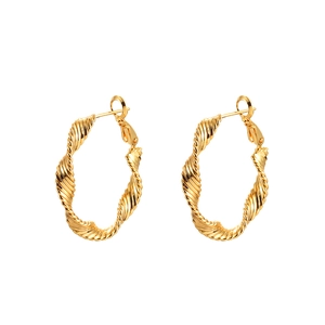 Elegant gold-tone twisted hoop earrings with textured spiral design on white background