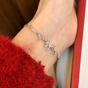 Bracelet Nœud Papillon Coeur Zircon Rose Mode Bijoux En Acier Inoxydable Pour Femmes Style Doux