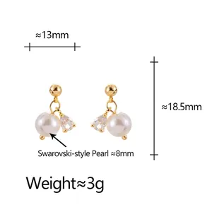 Elegant gold pearl earrings with zircon teardrop accents and detailed size measurements