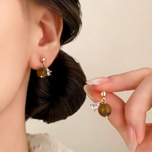 French retro tiger eye earrings with gold spheres and teardrop cubic zirconia