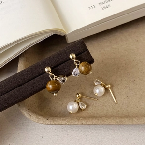 French Retro Drop Stud Earrings With Tiger Eye Faux Artificial Pearl And Water Drop Zircon 14K Gold Plated For Women Elegant Jewelry