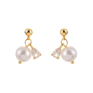 Elegant gold drop earrings with round white pearls and teardrop zircon pendants