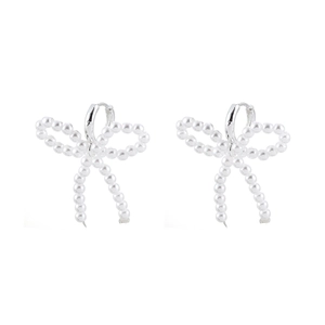 Elegant french style bow-shaped pearl hoop earrings with polished silver metal finish