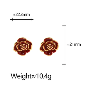 Detail view of red flower earrings with size measurements of 21mm by 22.3mm