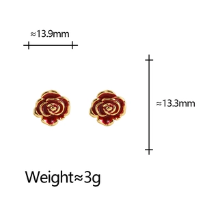 Detailed view showing dimensions and weight of red enamel flower stud earrings