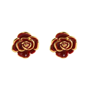 Elegant deep red rose flower stud earrings with gold plating for a luxury vintage look