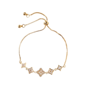 Adjustable gold clover bracelet with mother of pearl inlays and micro zircon accents