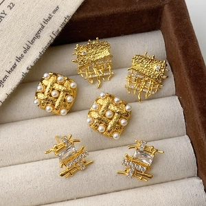 Vintage Gold Woven Stud Earrings Geometric Copper With Cubic Zirconia And Artificial Pearls Elegant Daily Women Jewelry