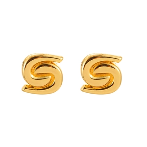 Elegant gold spiral stud earrings featuring a minimalist polished streamline S-shape design