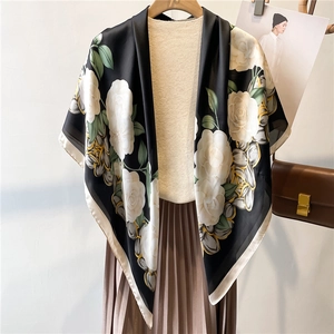 Elegant styling of 110cm silk shawl with white camellia flowers and gold chain pattern