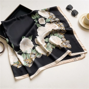 Elegant black silk square scarf with white rose floral print and beige border 110cm