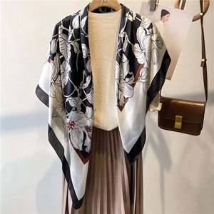 Elegant 110cm silk square scarf with vintage monochrome floral print and brown border