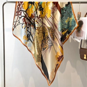 Artistic autumn forest landscape printed on a 110cm large square silk satin scarf