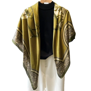 Elegant 110cm satin silk square scarf with geometric floral patterns in olive and gold