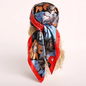 Elegant floral satin silk scarf with vintage flower print and red border wrap