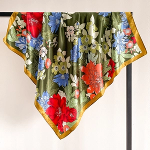 Elegant olive green satin square scarf with vintage floral print and golden borders