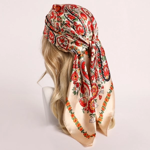 Elegant paisley floral satin headscarf in gold and red silk-like fabric for women