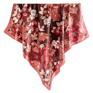 Elegant 90cm vintage floral satin square scarf featuring red and coral rose patterns