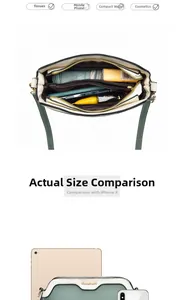 Crossbody shell bag interior showing multiple compartments and size comparison with iPad