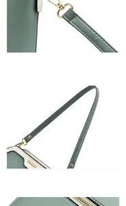 Detail of green and beige shell bag featuring gold metal hardware and brand logo plate