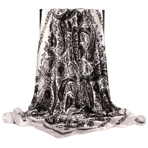 Elegant 90cm large satin square silk scarf featuring a black paisley floral vine pattern