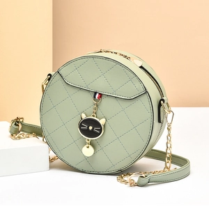 Round Crossbody Bag PU Leather Quilted Rhombic Pattern With Cat Pendant Metal Chain Small Shoulder Bag For Women