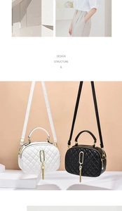 Detail of quilted shoulder bag with gold oval hardware and elegant metal tassel charm
