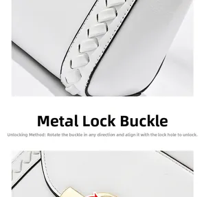 Detail of white leather bag featuring a gold metal twist lock and woven craftsmanship