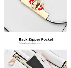 Detail of white leather handbag showing gold twist lock and functional back zipper pocket
